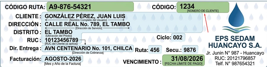 Ejemplo de recibo con el código de cliente marcado